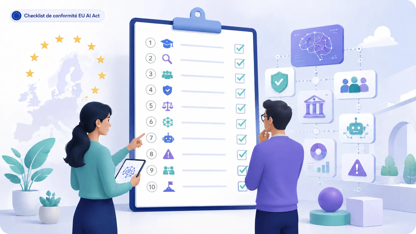 Deux collègues devant un porte-bloc présentant une checklist de dix points cochés, avec à gauche une carte de l'Europe et à droite des pictogrammes évoquant l'IA, la protection, le contrôle et le risque.