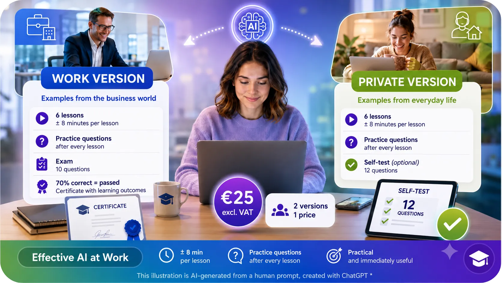 Overview of the Effective AI at Work training with a work version and a private version, six lessons of about eight minutes, a certificate and a price of 25 euros.