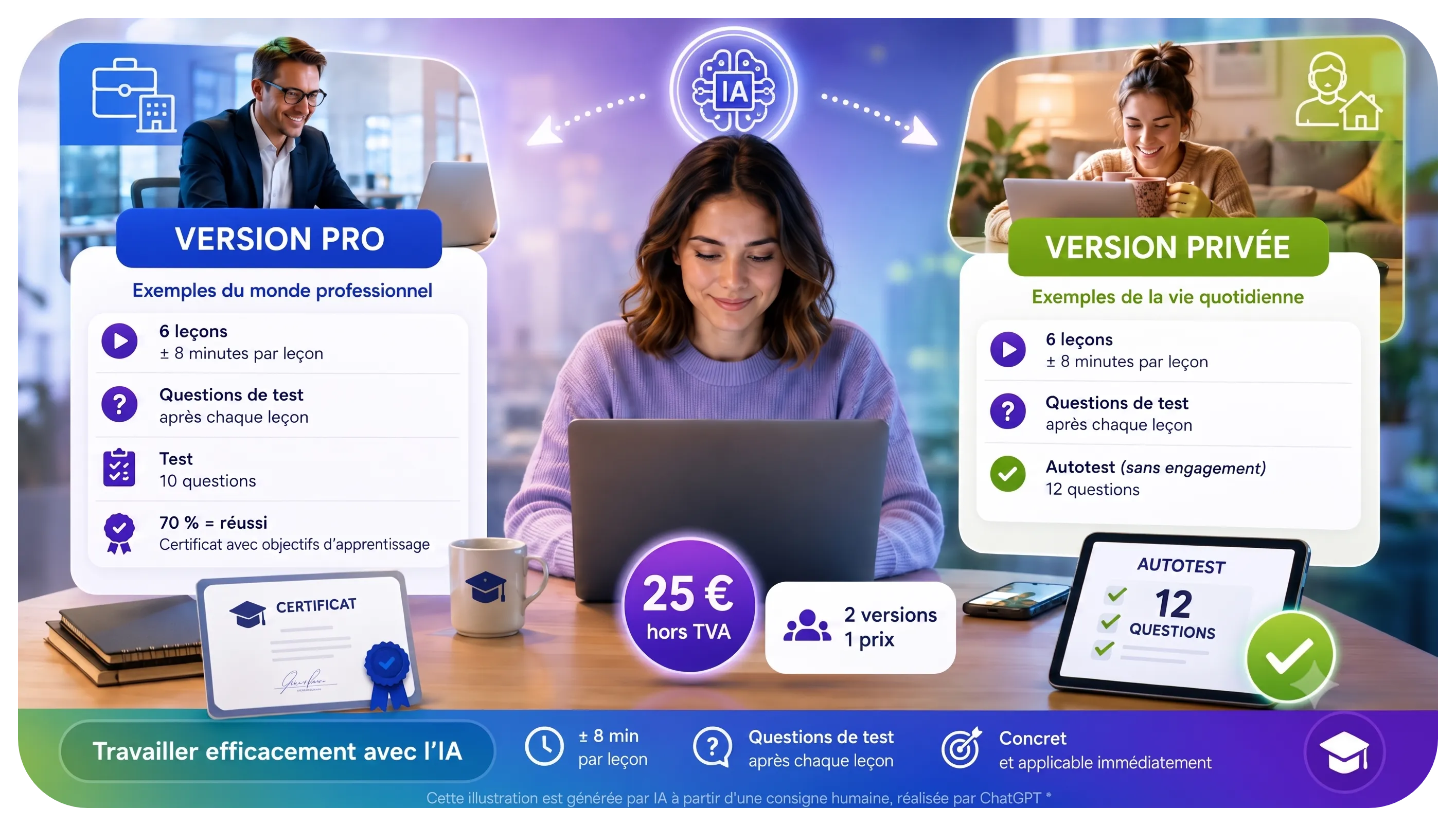 Aperçu de la formation Travailler efficacement avec l'IA avec une version professionnelle et une version privée, six leçons d'environ huit minutes, certificat et prix de 25 euros.