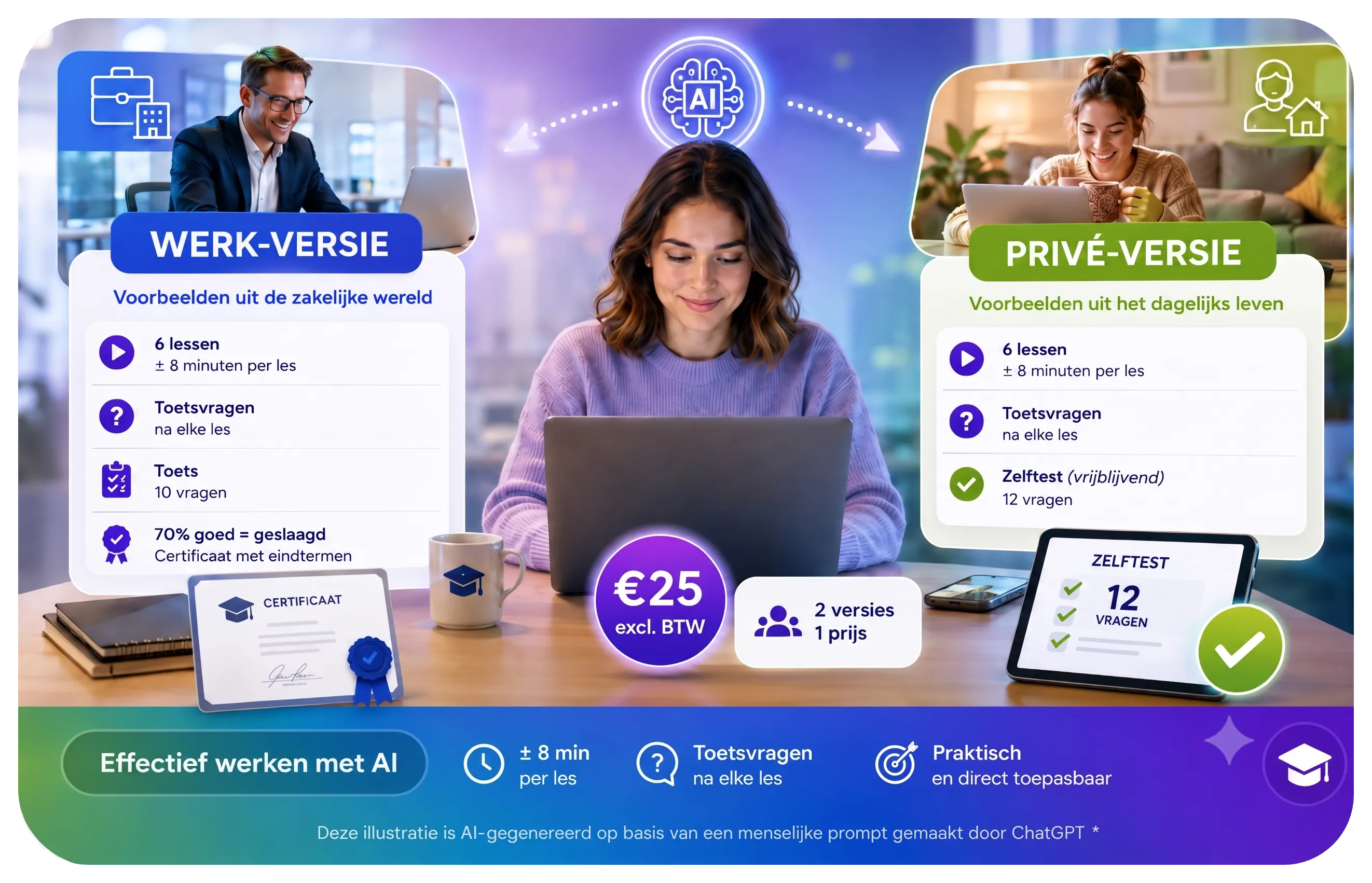 Overzicht van de training Effectief werken met AI met een werk-versie en een privé-versie, zes lessen van ongeveer acht minuten, certificaat en prijs van 25 euro.