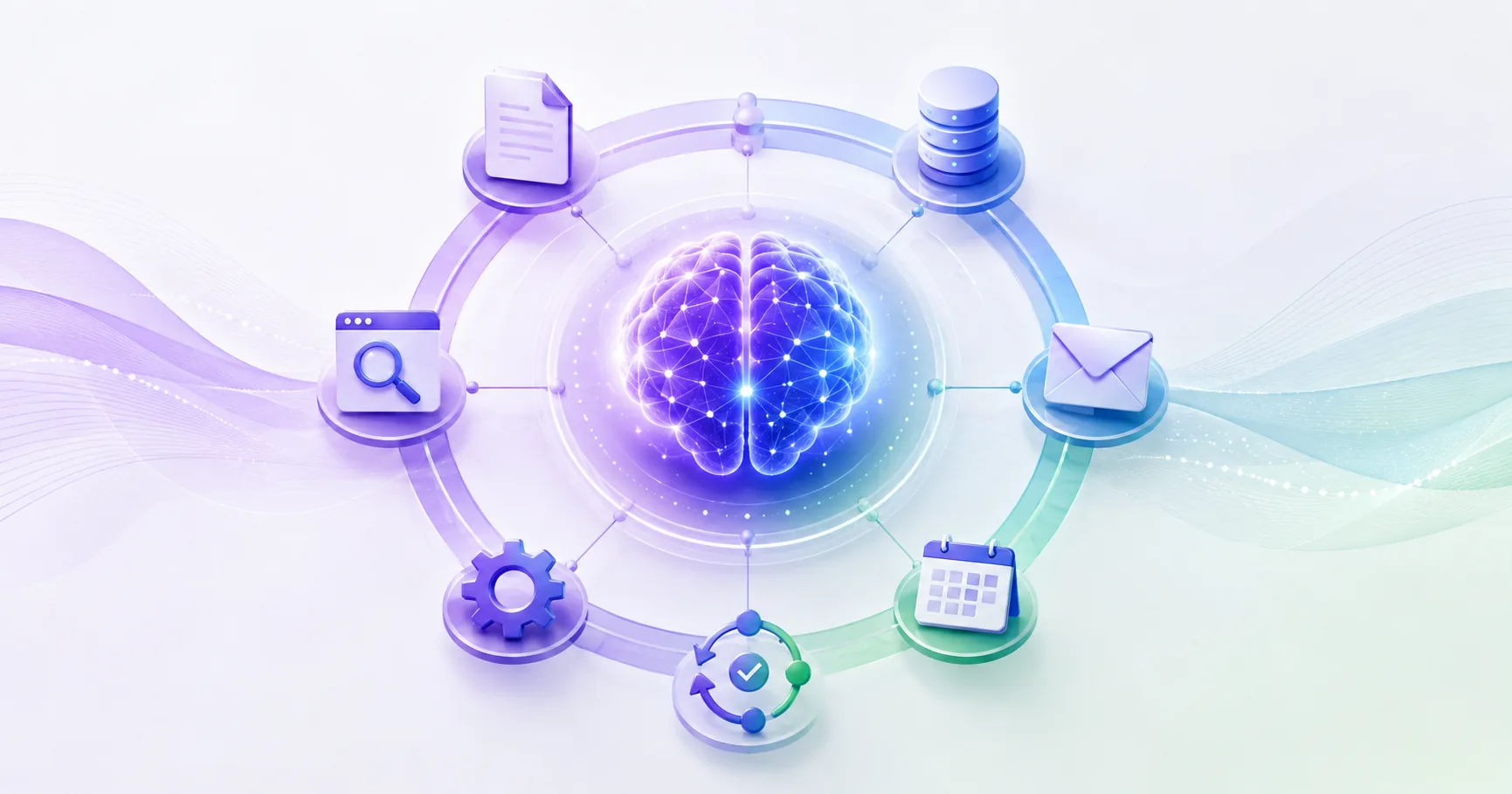Illustratie van een agentic harness: een oplichtend brein als AI-model in het midden, verbonden met een ring van pictogrammen voor bestanden, databases, e-mail, agenda, zoeken, instellingen en een terugkerende controlestap.