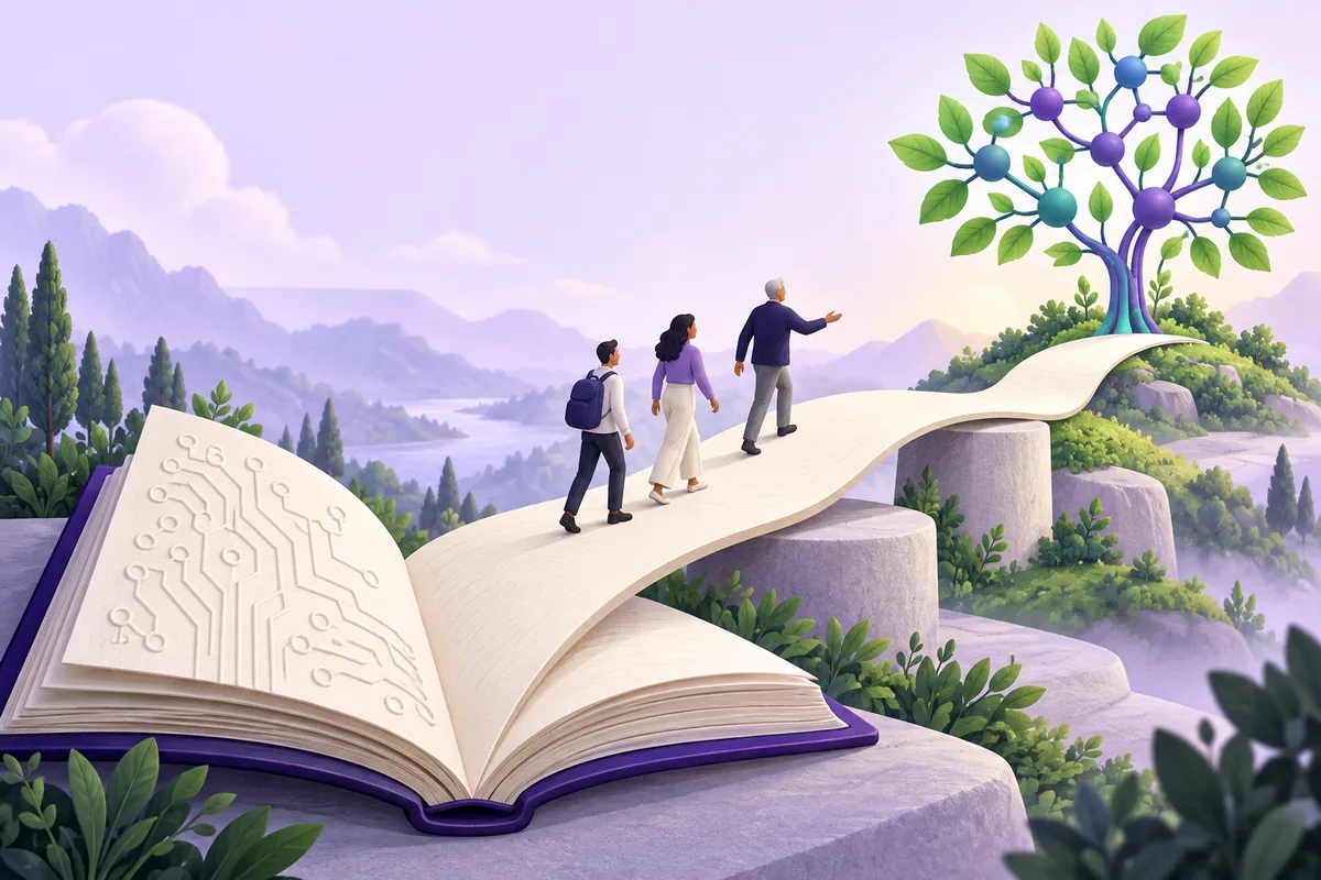 Illustration: an open book with a circuit pattern, a path leading upwards with three walkers and a tree whose crown is made of network nodes.